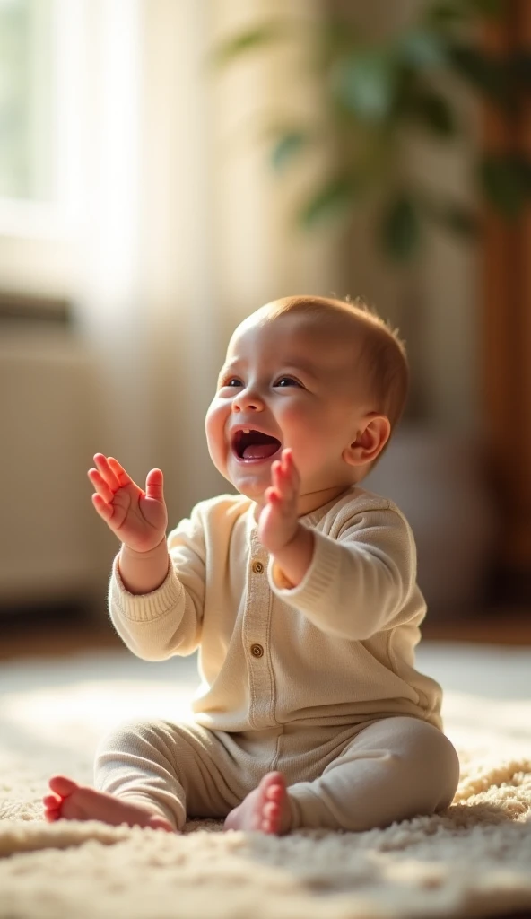 an 8 month old baby with light eyes and two teeth smiling, standing pointing to the sky