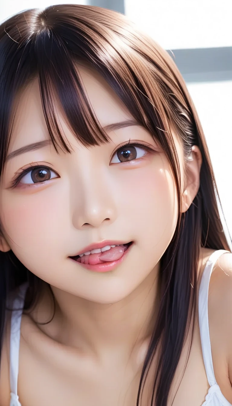 (8k, RAW photos, highest quality, masterpiece: 1.7), (Realistic, Photorealistic: 1.9), 28 years old, nsfw, black hair, (blushing), tent, (nude, naked), Open mouth wide, show tongue, side angle,