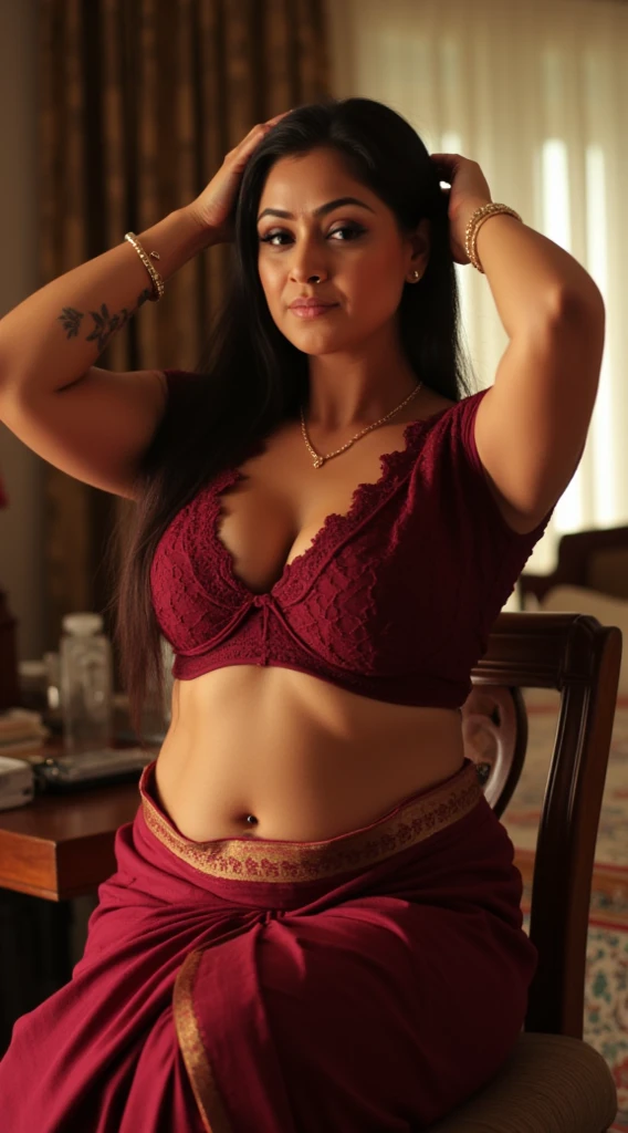 (editorial photograph of a 30 year old dusky brown indian woman with long black hair), long oval shaped face, red lipstick, (highly detailed face:1.4) (smile:0.7) (background inside dark, Lying on Bed, hand holding her head, moody, private study:1.3) POV, by lee jeffries, nikon d850, film stock photograph ,4 kodak portra 400 ,camera f1.6 lens ,rich colors ,hyper realistic ,lifelike texture, dramatic lighting , cinestill 800, natiral light from windows, women with heavy breasts and clevage, lying on bed, full wet, with long flowing hair, black eyes, with flowing capes, c-cup breast, wearing yellow silk saree, with focus on breast, perfect composition, hyperrealistic, super detailed, 8k, high quality, trending art, trending on artstation, sharp focus, studio photo, intricate details, highly detailed, looking at the Camera, lusty look, brown skinned, navel visible, natural makeup, dramatic ligting, red lips, Dusky brown skinned woman, detailed skin texture, seductive look, chubby boddy, huge Clevage visible, low angle shot, lying on bed