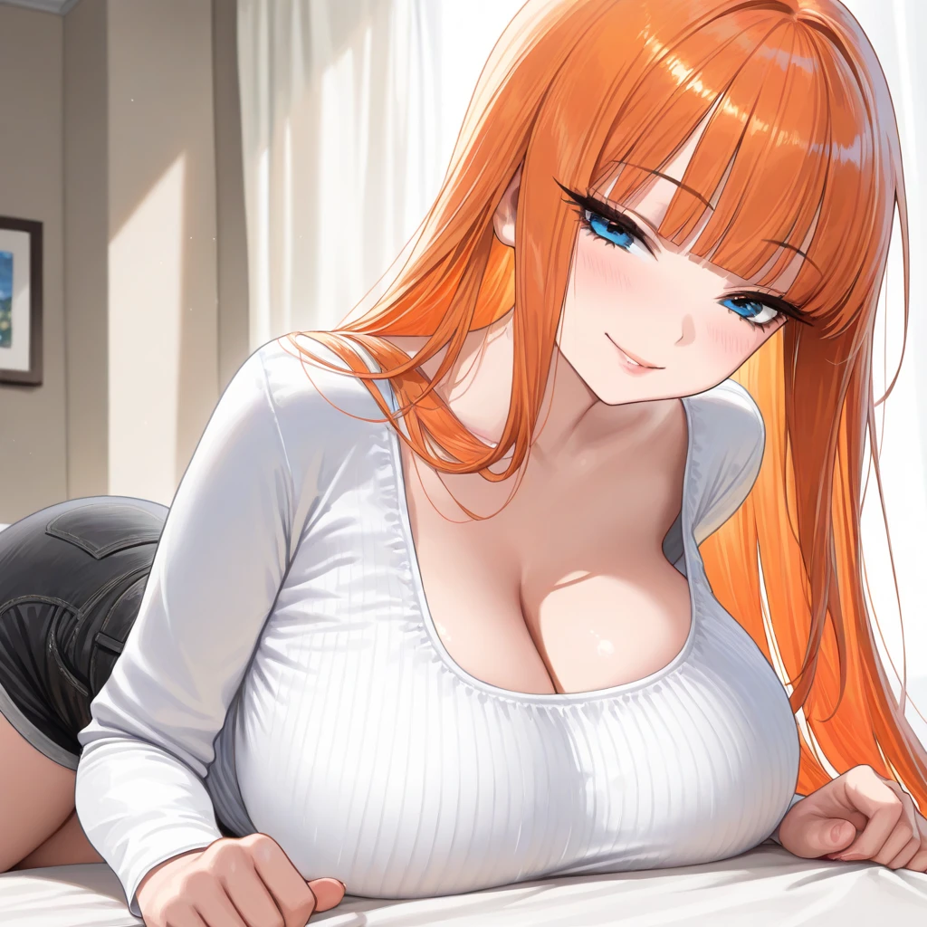 masterpiece, best quality, finely detailed, 1girl, (orange hair), (bishoujo), cute, (light green eyes), (eyelashes), (average breast size ), (cleavage), (white shirt:1.2), (open shirt), sitting on a sofa, lamp, window, night, delicate interior design, fox ear, Fox's tail