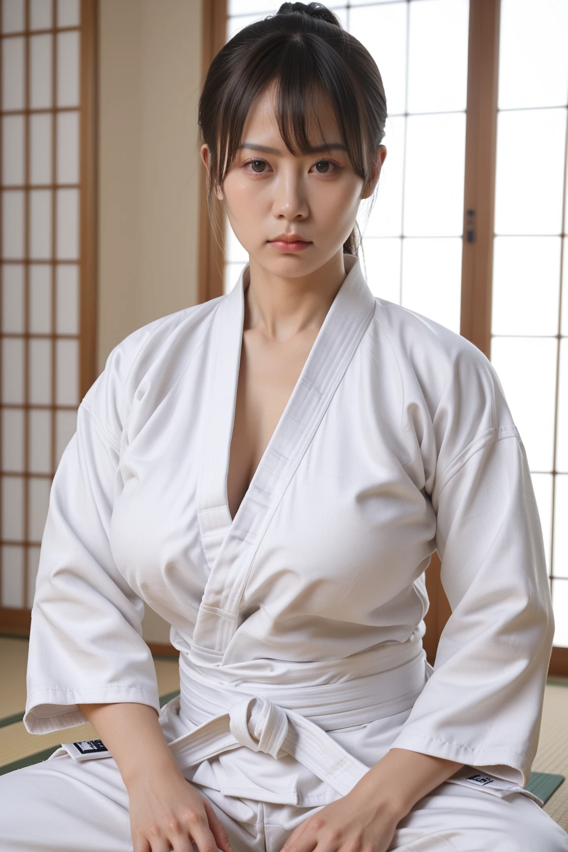 ((Highest quality, 8k, masterpiece: 1.3)), Sharp focus: 1.2, Beautiful woman with muscular body: 1.4, Tall Woman, Arms hanging down, Slim Belly: 1.2, ((big: 1.2)), Wet body: 1.1, Very detailed face and skin texture, Beautiful Eyes, double eyelid, White skin, Sweaty skin, 1 girl, Short Bob, Layered Hair, Short and cute hairstyles, Intricate details, Cinematic atmosphere, 8k, Very detailed, (Realistic, photoRealistic: 1.37), Very detailedな, Highest quality, Realistic, Very delicate and beautiful, RAW Photos, (((Professional Lighting)), Facial lighting, Written boundary depth, Single Focus,(((judo))),((Black belt)) (Muscular and healthy), Small Head, (((Beautiful Eyes)), True Face, Realistic face, True Face, Beautiful Eyes, (Fashionable hairstyles: 1.3), Audience, (Cool Japanese women)), intellectual, Sports, (smile: 1.15), (Mouth closed), Fine and Beautiful Eyes, (dojo: 1.3), judo選手, Healthy Body、((big breasts))、((Cleavage))