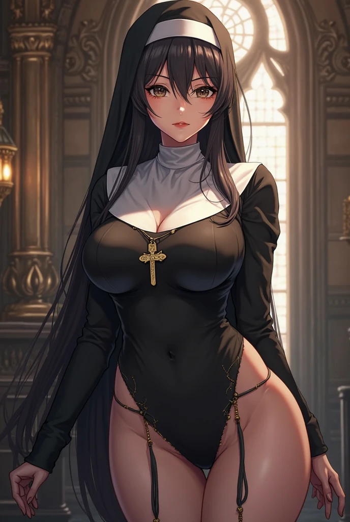 ((best quality)), ((masterpiece)), (detailed), (1girl), (sitting), (sofa), (nun), hand to mouth,cleavage,serene expression, peaceful atmosphere, religious symbolism, soft lighting, wooden furniture, patterned cushions, traditional habit, gentle smile,tranquil setting, vintage decor,dynamic pose,(oil painting:1.2)
