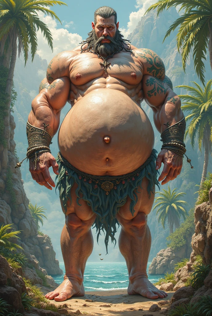 in 405 A.D, 40 years old black tribe daddy, medium hair, fulll grown facial hair, well built muscular with a big belly like minatour shirtless, wearing anicent swimming pant, super hairy, has visibly big nipples inside lake seven with ruins, hands on his pregnant roman 1 wife belly