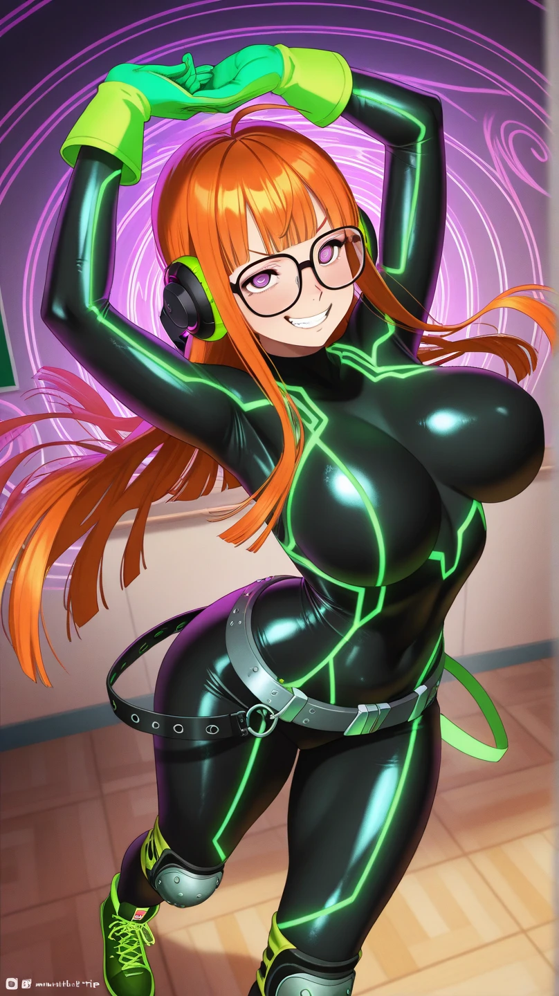 highres,absurdres,masterpiece,best quality, realistic,cowboy shot,nsfw,idolmaster, {{{hina araki}}}, (25yo, beautiful girl), (beautiful brown eyes),((beautiful orange hair)), ((short hair)), (((green rim glasses))), (wet hair), (wet skin), ((sweat)), ((steam)), (flat chests,large breasts), (tall), (slender), (((green and white cyber suit))), ((open clothes)), ((pubic orange hair:1.5)), ((on stage)), ((((spread legs)))),((spread pussy:1.3)),(open mouths), (a big smile), ((stick out tongue)),(feel good), (one eye closed),(blush),(singing),((have a microphone)),((headset)),(cum on body:1.1),