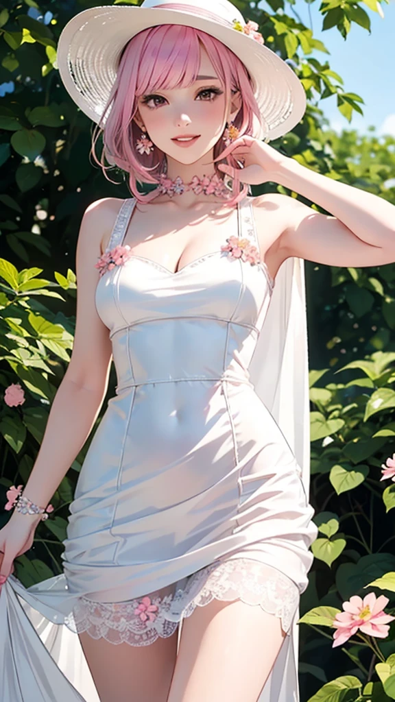 girl with pink hair and blue eyes laying in a field of flowers, seductive girl, guweiz, in a field of flowers, clean detailed art, cover, beautiful alluring woman, lots of flowers, full of flowers, attractive girl, 4k wallpaper, best 4k konachan wallpaper, 4k. high quality