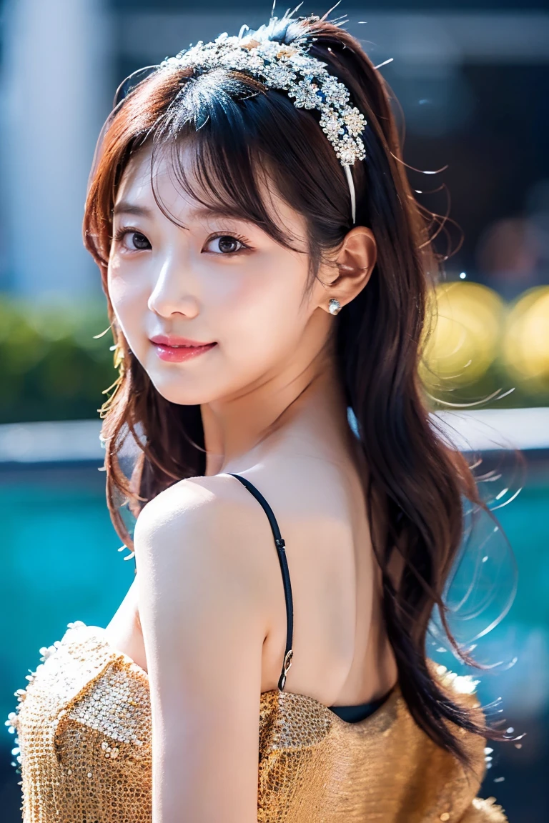Outdoor swimming pool, Highest quality, shape, Very detailed, In detail, High resolution, 8k wallpaper, Perfect dynamic composition, Beautiful details,  Natural Lip, A gorgeous wedding dress and a tiara on her head , Big Breasts, Cleavage, She looks back and smiles.., A masterpiece of the whole body, 