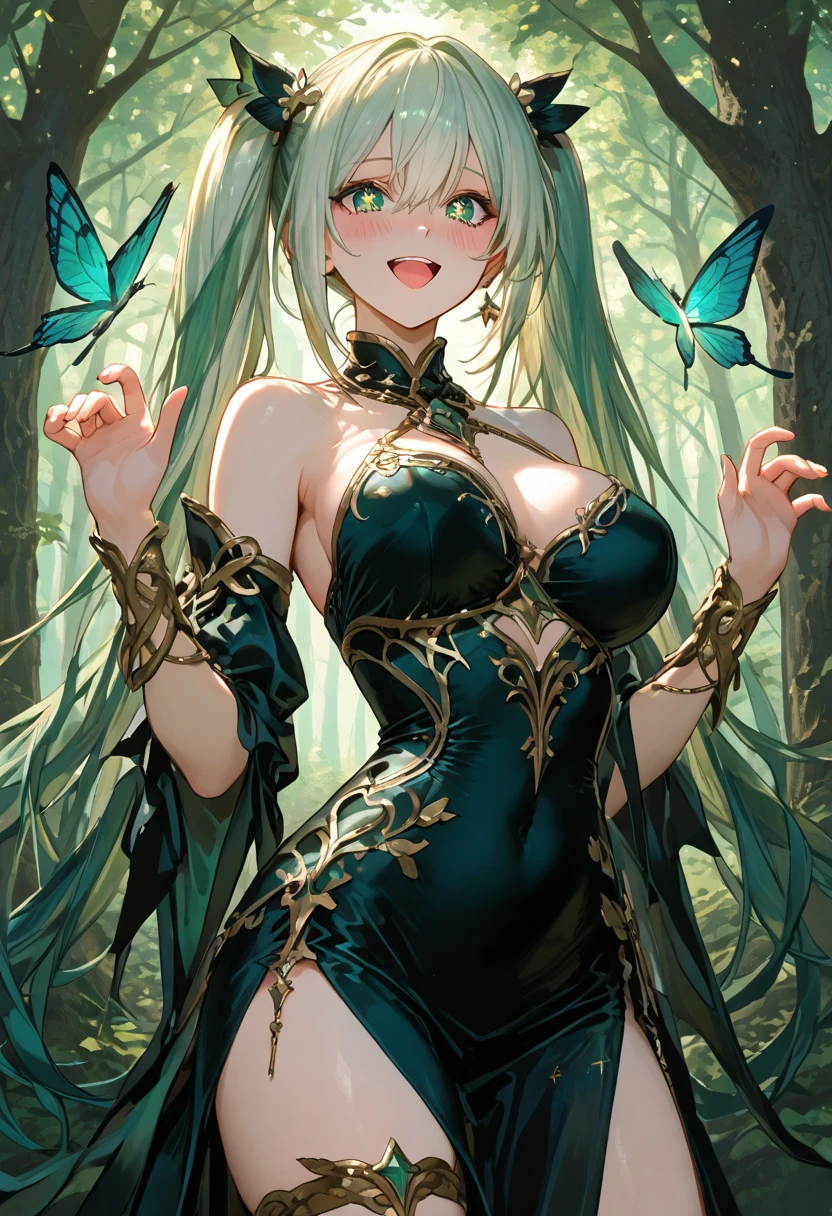1girl, masterpiece, extremly detailed, ((Cinematic lighting)), (glowing), ((dramatic lighting)), ((beautiful detailed glow)), intricate detail, lens flare, multicolored hair, rainbow hair, long hair, multicolored dress, butterfly hair ornament, butterflies, (light particles), Arms behind back, large breasts, [curvy], cowboy shot, light smile, green eyes, church, stained glass, spotlight, dark background, floating hair, floating hair, looking at viewer,((colorful))