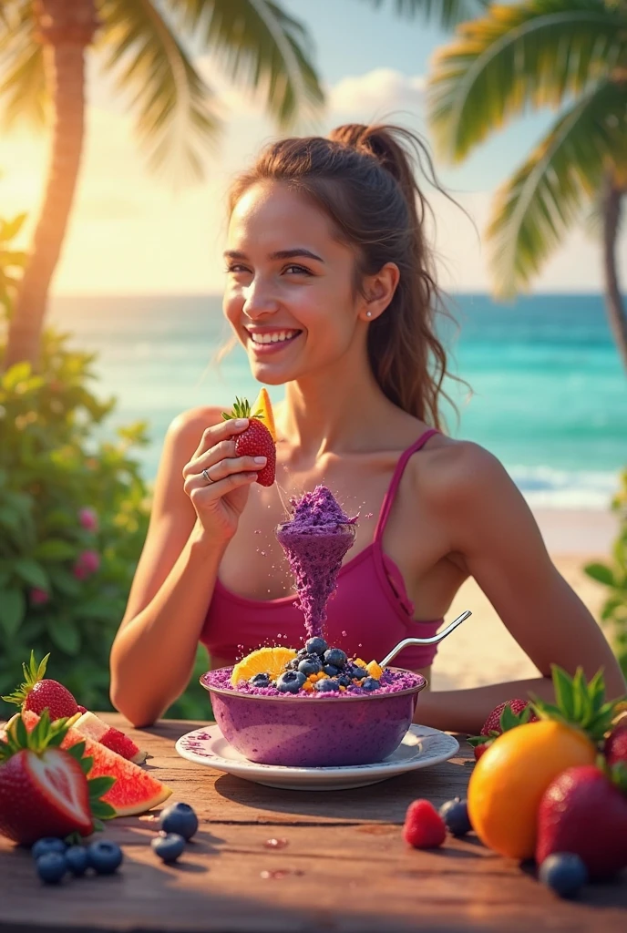 Woman aged 25 to 35, On the beach brown eye eating açaí , with friends Ultra HD, high qualiy, best qualityer, high resolution, 8k, 16K
