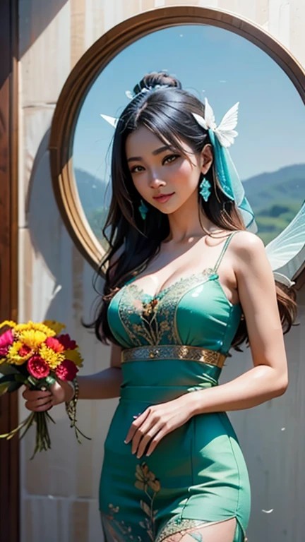 Fantasy setting, bright lights, night scene, rio cranival style, carnival costume, (wearing samba dance dress:1.2), exotic feather costume, cranival parade, outdoor, street background, night sky, romantic and seductive, moonlight, curvy, big breasts, long hair, look at viewer and smile, pleasant mood, calm color palette, vibrant colors, unified 16k wallpaper, intricate details, masterpiece, (cinematic:1.3), (ArtStation:1.2)