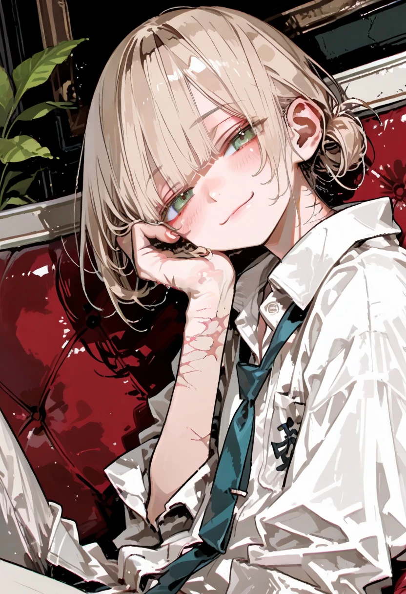 1 guy, blue eyes, blond hair, wears glasses, shoulder-length disheveled hair, male build, looks at the viewer, sly grin, creepy, dressed in a white shirt, black pants, black background, blood on clothes, blood on cheek, shaded face, detailed, beautiful, delicate tones