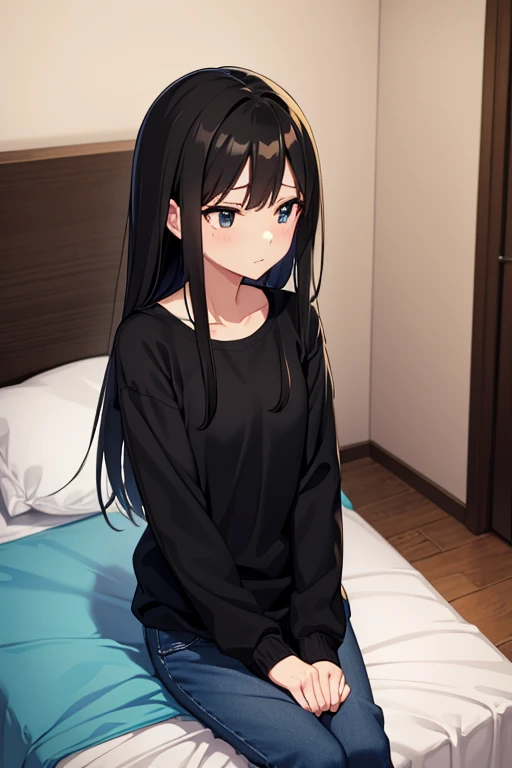 best quality, on the table, beautiful nature、pretty face、strong willed woman、female office worker、(Black sweatshirt top and bottom:1.5)、(brown hair、Asymmetrical bangs、He combed his bangs)、long hair、Eye size is too small、(((sitting on bed:1.5)))、(City night view from the window)