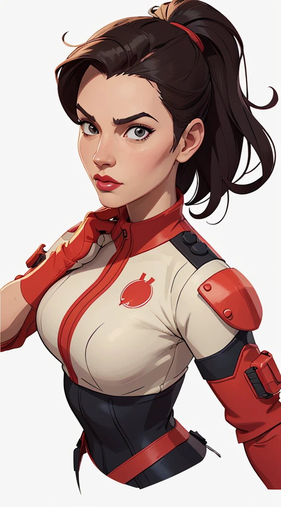 1girl, Stretcher the busty comic book woman, masterpiece, beautiful, high quality, high definition, superb quality, highly detailed, insane detail, sexy pose, posing for cameras, hands on hips, happy, smiling, hand on hip, long hair, huge ponytail, slim, thin, athletic, womanly, rubbery, elastic woman, (white and red spandex, white and red legs, tight top), rubber body, brunette, ((huge breasts, slim waist)), city, heroic, cheerful, (bold nose, hawkish facial features),