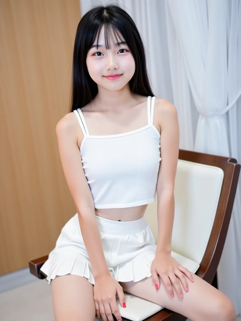 close-up of beautiful Chinese, Ningning is a AESPA South Korean pop girl group, age 22 years old girl, youthful face, white skin body, perfect body, medium hair, black hair, straight hair, flat bangs cut, bust size 36 inches, wearing a tight plain light white strapless tube top, wearing a tight plain light white short pants, Ningning holding breasts with her own two hands is very sexy and sigh, Ningning squeezes the breasts very seductively, Ningning lowered her strapless tube top a little bit, Ningning sits on the boyfriend special room, Ningning pees in the boyfriend special room with a sigh, Ningning pees, Ningning peed herself until she was wet, ((peeing self)), ((wet pee)), my hair was held by a boyfriend, then my boyfriend held a pair of scissors in his right hand, then had my hair forcibly cut by a boyfriend using scissors to make me sigh, strand after strand of Ningning’s hair fell down, pieces of Ningning’s hair now filled the floor around where she was sitting, ((Ningning’s hair was cut using a pair of scissors by her boyfriend)), (the remaining hair pieces were scattered on the boyfriend special room floor)), ((strands of Ningning's hair fell down)), ((the remaining hair pieces fell under the floor), sexy looking pose, pose a naughty look, pose looks seductive, at a boyfriend special room, UHD