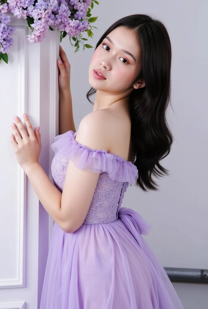Rora from the girl kpop group Baby Monster wearing a purple 15th birthday party dress that shows her legs in front 
