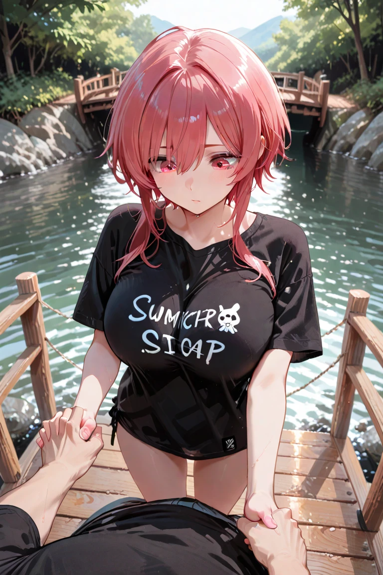 (Top Quality, High Resolution: 1.2), Super Detailed, Photorealistic: Red Eyed Girl, Red Hair, Glowing Eyes, (Fierce, Detailed) Description, Realistic Touch, Anime Style, Trained Body, (Abs) , figure style, white shirt wet with sweat, karate style, smile, training,