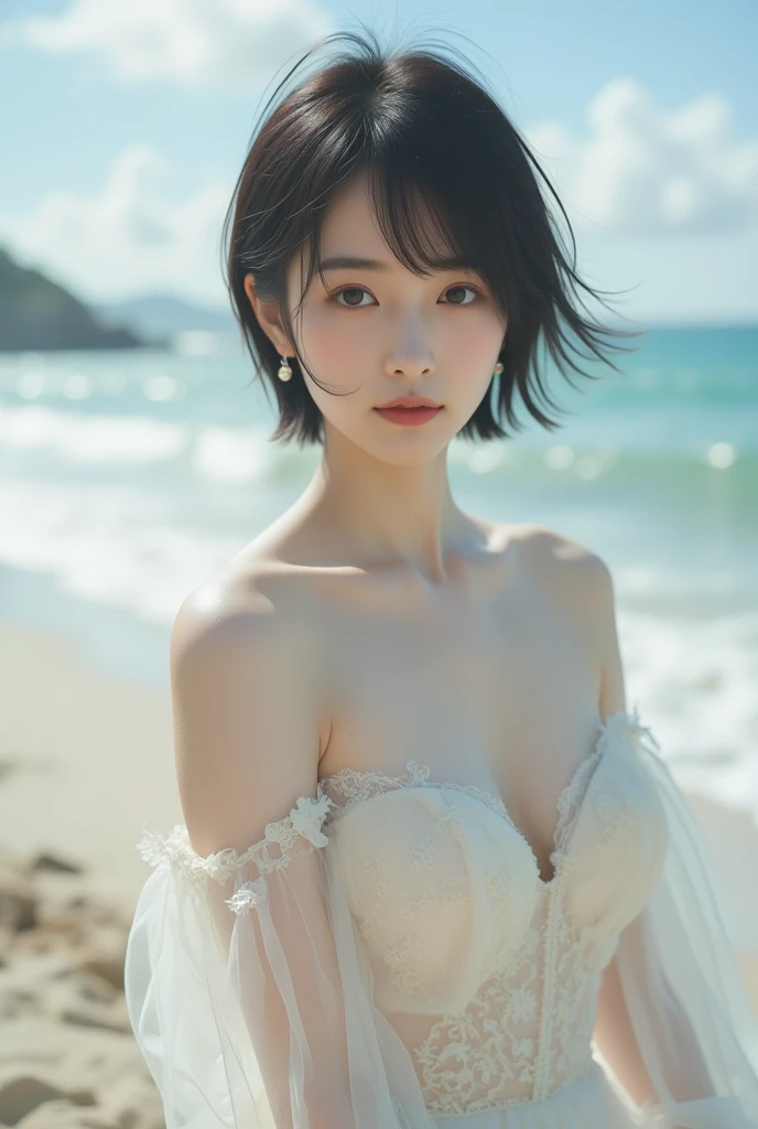 1 girl, (strapless micro bikini:1.5), (looking at camera)、beautiful japanese actress, ((small, flat chest:1.5))、Photogenic, ((Close-up of face:1.5))、Yukihime, Long eyelashes, snowflake earrings,strapless micro bikini、
(original photo, best quality), (Reality, Reality的:1.4), (flying debris),
Beautiful details, Beautiful lips details, Highly detailed eyes and faces,
BREAK is anatomically perfect, The whole body has lost weight, small breasts, (short hair:1.3), Angel'Smile,
crystal skin, wake up, Catching light