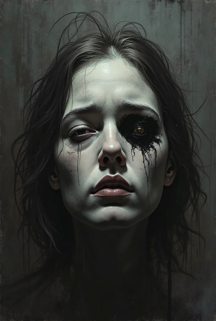 a woman with broken eyes, shattered irises, hypnotic haze, sad expression, creepy sadness, no makeup, detailed eyes, detailed face, detailed features, porcelain skin, gothic, dark fantasy, dark mood, moody lighting, chiaroscuro, dramatic shadows, dramatic lighting, cinematic, high contrast, muted colors, somber palette, melancholy, (best quality,4k,8k,highres,masterpiece:1.2),ultra-detailed,(realistic,photorealistic,photo-realistic:1.37)