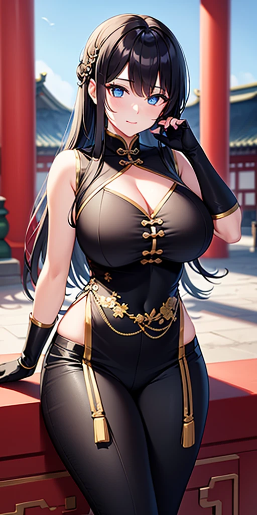 (SFW)1mulher de longos cabelos negros sedosos, olhos negros cativantes, middlebreasts, usando uma vestimenta hunfa no estilo wuxia, sensualidade impressionante, Holding a large battle spear, Standing in front of a grand staircase, arte detalhista e perfeita, epic scene (SFW)