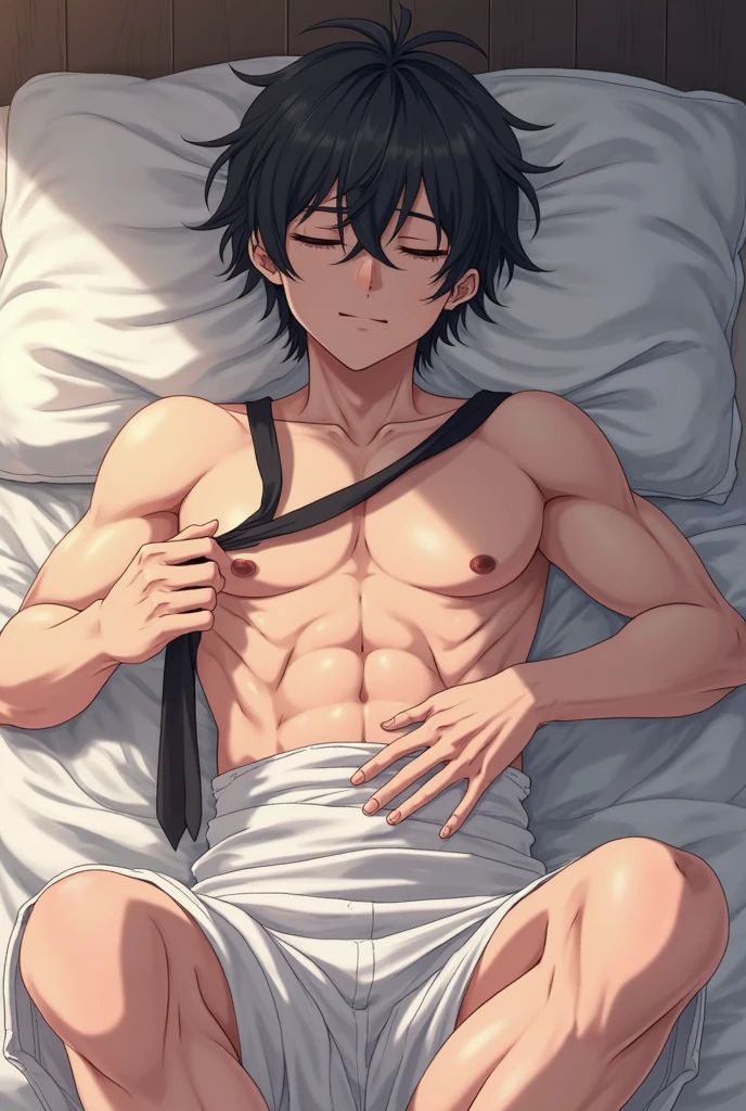 caucasian male in underwear laying on a bed with his arm raised, shirtless, sweating profusely, drenched with sweat