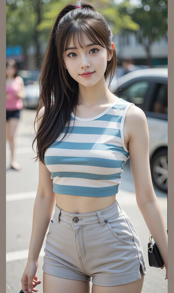 Close-up of a Southeast Asian woman with a round face., ,ผมหางม้าlong hair,float up, black eyes, staring at the viewer, abdominal muscles, shiny body, Large chest 36 inches, morning sun, ((face details)), Double eyelids, realistic, Masterpiece, Highest quality, lens flare, shade, [[Chromatic aberration, digital painting, 8K, 45,000,000,000 pixels,, t-shirt, long hair,black eyes,abdominal muscles, The body is beautiful and strong., rounded chest, (digital painting, HDR, high contrast