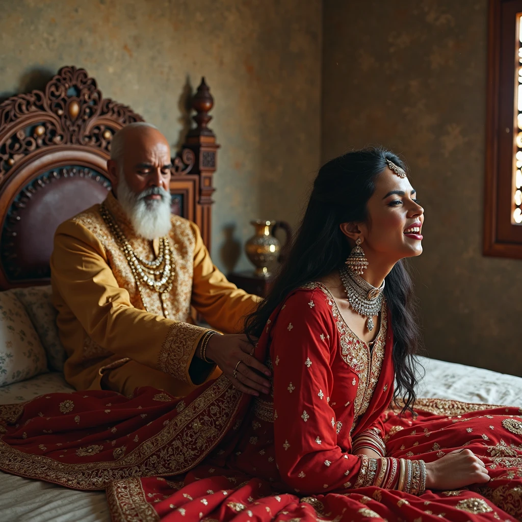 The picture will be a newly married Muslim bride wearing a red saree inside the house sitting on a betel nut and on her right hand side everyone is sitting her old lady wearing a white saree.