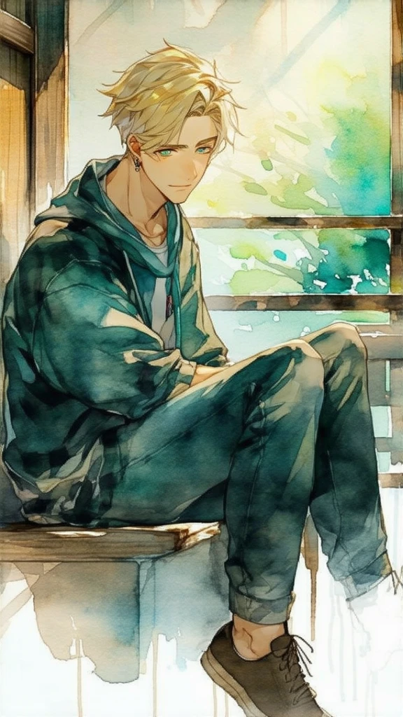 masterpiece, solo, best quality, 1 male, young adult, tall muscular, handsome, finely detailed eyes, intricate details, casual clothes, oversized hood, shorts, tennis shoes, messy blonde hair, mid length hair, complex pattern, best light and shadow, background is inside of house, sitting, dappled sunlight, day, depth of field, plants, summer, colorful, artistic, depth of field, smile, closed mouth, blue eyes, uzumaki naruto