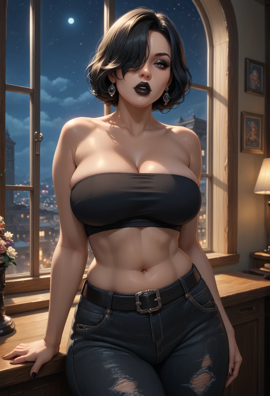 photorealistic, best quality,masterpiece,highly detailed,ultra-detailed,1girl,digital painting by greg rutkowski and rossdraws;4k uhd image with black hair in the style of james paick comic book art 1990 manga panel.fantasy/2p3a lineart behance hq smooth sharp focus vector lines dramatic lighting HD 8x balcony, topless, cleavage, midriff