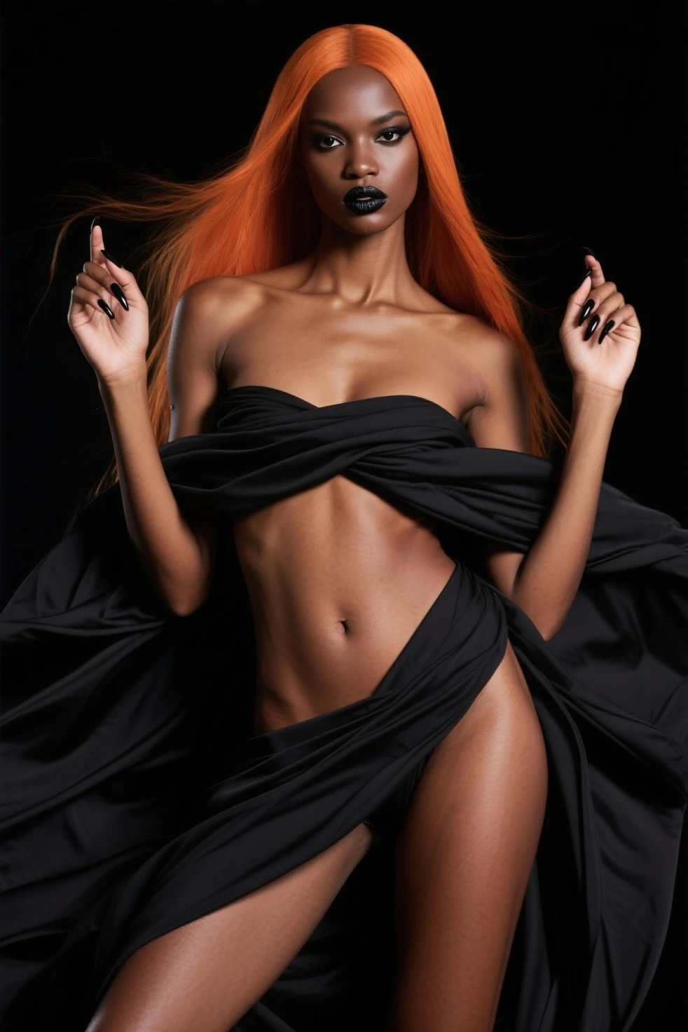 A beautiful black girl with orange hair, sitting on a penis nude, ultra-detailed, 8k, photorealistic, vibrant colors, dramatic lighting, surreal, fantasy, conceptual art