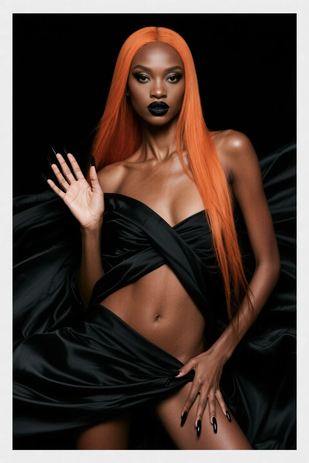 A beautiful black girl with orange hair, sitting on a penis nude, ultra-detailed, 8k, photorealistic, vibrant colors, dramatic lighting, surreal, fantasy, conceptual art
