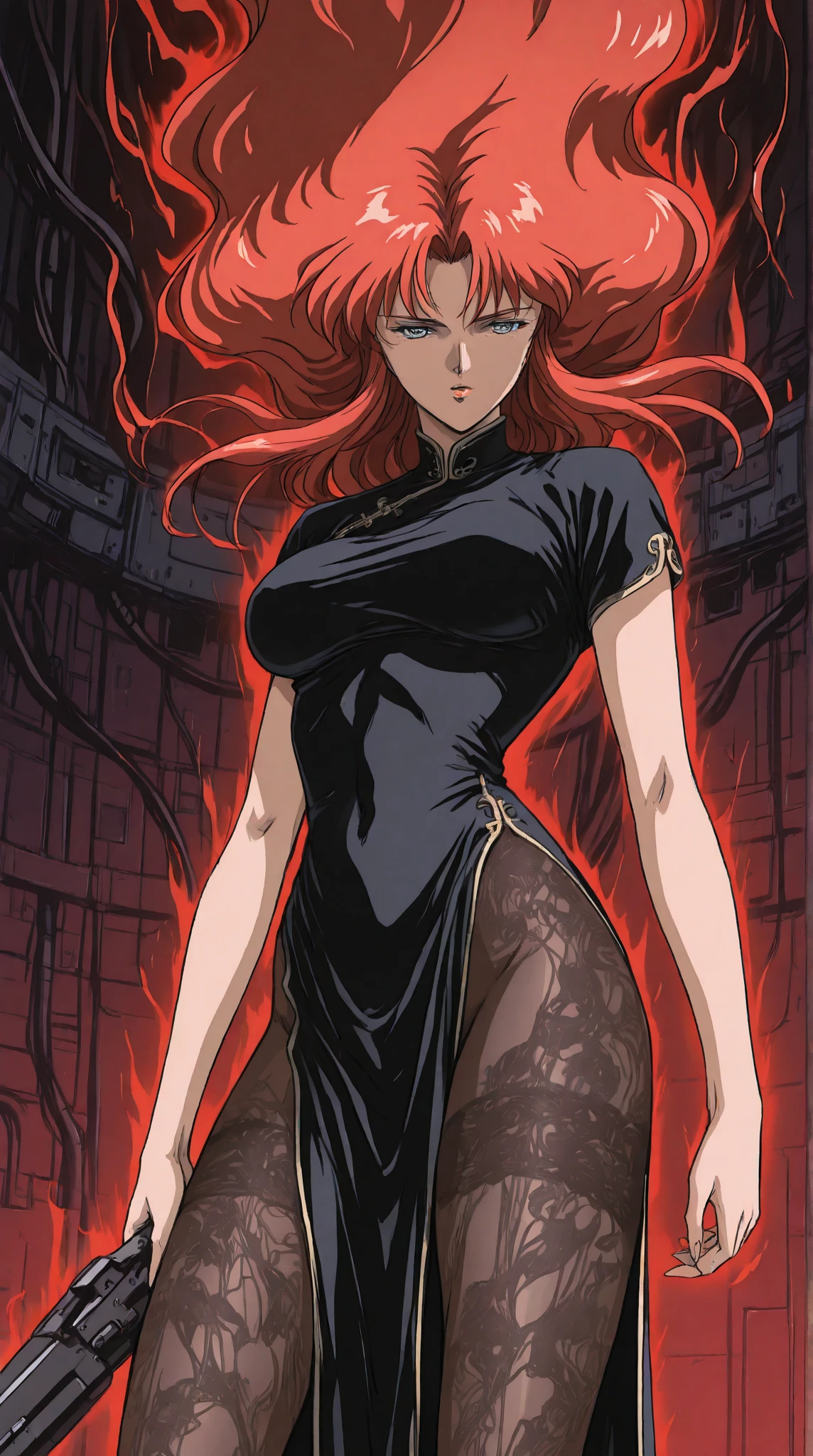 in style of Santiago Caruso,in style of Aubrey Beardsley,in style of Hans Hartung,in style of Alan Lee
gravure_pose,(1girl,character conceptual design,half body),hands on the ass,bent_over,silver around the neck sequined evening dress long dress (very formal),from the front,incredibly red long hair,one arm up pose,skin depression,film lighting,multi-bundle bracelet,leg straps,dynamic action