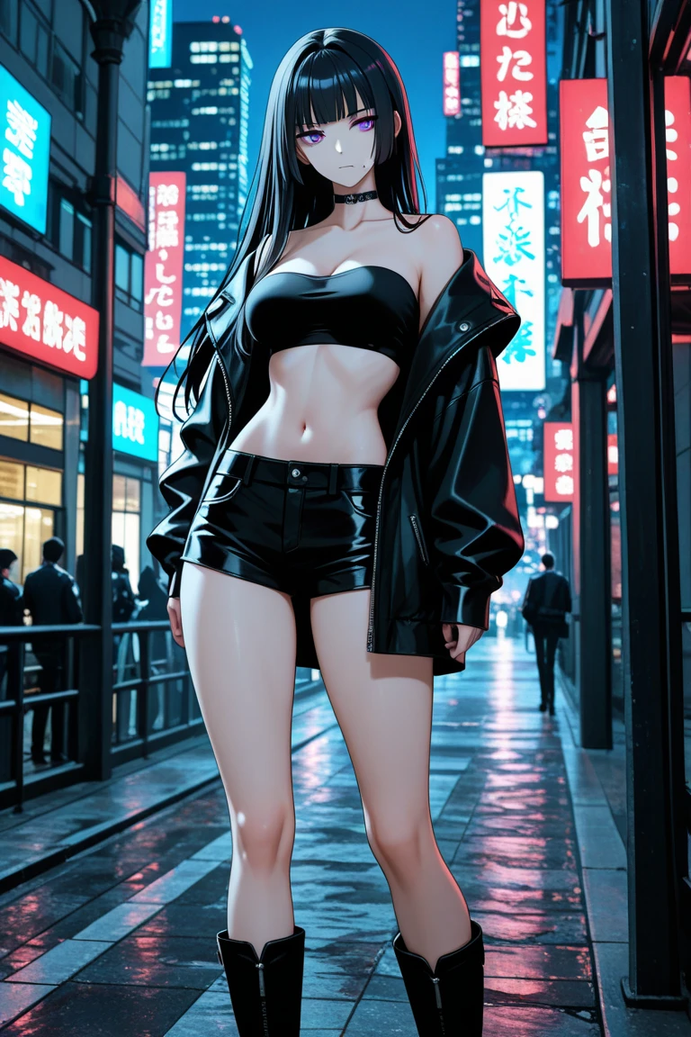 ff Tifa, solo person, There is only one person in the picture who draws realistically, comic strip,a matural female,Black hair, aqua eyes, smile, (Fidelity:1.4), RAW photogr,little breast,musculous,,Abs ,long leges, full bodyesbian, deep shading,rays of sunshine,Smile Expression,a sexy pose,Reddish cheeks,Gentle eyes,wetted skin, perspire, hyper HD, Verism, Cinematic lighting, Masterpiece, Textured skin, High details,Beautiful detailed thighs,,Cyberpunk Street,taking a walk,walk,Long black stockings,long black leather boots,Finger details,Black leather jacket,Light leather jacket,no-bra,No shirt --auto
