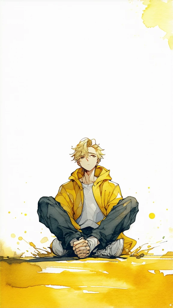 1male, light blonde hair, short hair, blue eyes, tired expression, smoking cigarette, white yukata, cityscape background