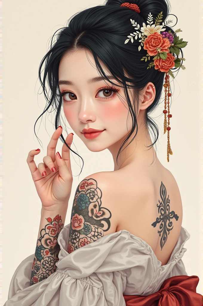 ((Woman with a stunning and large scarlet peony tattoo across her entire back:1.9))、She opens her black kimono to reveal her back、（Close up of a scarlet peony tattoo:1.6）、Detailed tattoos、tattoo details、Background with red peony design、masterpiece、Hyperrealistic、8k、Photorealistic、Detailed portrait、Intricate details、Dramatic lighting、Bright colors、Refined and elegant aesthetics、Traditional Japan style