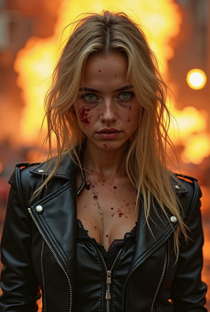An ultra hot gorgeous European woman, age 23, in action pose,  blond messy hair.Body covered of blood and blood splatter.bloody face, bloody clothes, bloody body. She’s full of fury and anger. Outside, in the snowy streets of a town after a disaster. Flames, heavy smoke. Sparkles, explosions. Dramatic cinematic light. Dark atmosphere. ((Nighttime))
