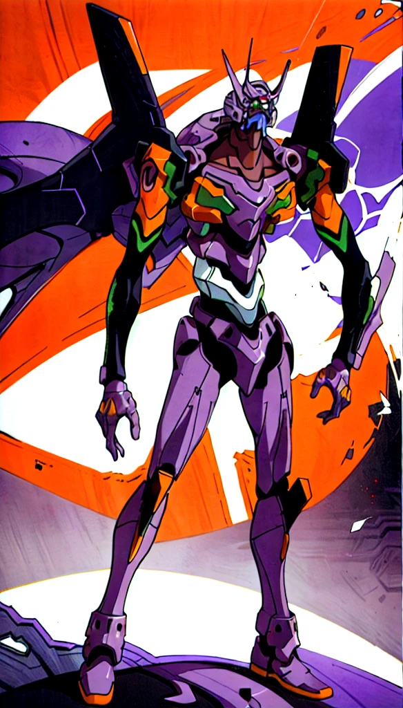 (eva 01:1.2), evagod, evangelion mecha, science fiction, looking at upwards, from below shot, (embelished illustration borders:1.2), simple dark background, Futurism, cyberpunk, 3/4 camera angle, kneeling apart, textless, solo, despair, crying to the skies, 1robot, 1mecha