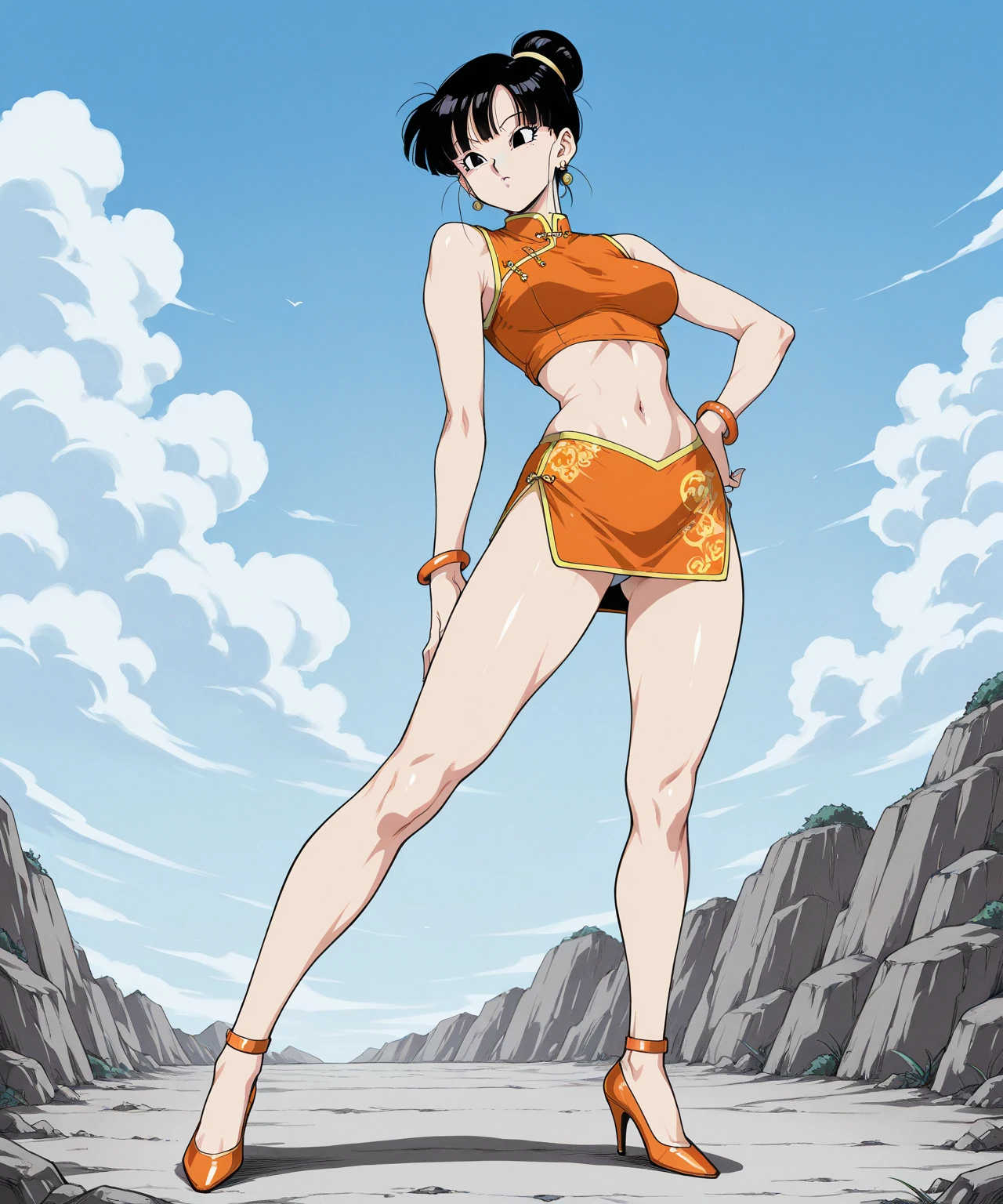 Kagome Higurashi, Mai Shiranui, 1girl, solo, 25yo, Japanese mature female, kunoichi dress, cleavage, matured face, teeth, grin, arrogant smile, athletic body, big breast, big hips, fighting stance, defensive pose, dynamic pose, martial arts, female fighter, full body view, best quality, BREAK dojo, japanese architecture,