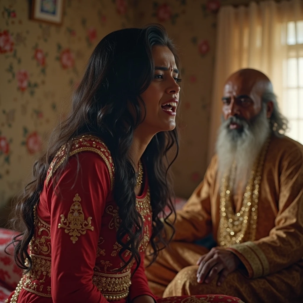 Indian Hindu girl wearing orange colour silky blouse, with big breast, waist showing, sitting in lap of old muslim man with beard in green clothes and religious white cap, man looking at her lustfully and her face expression sad and fear , she looking at camera