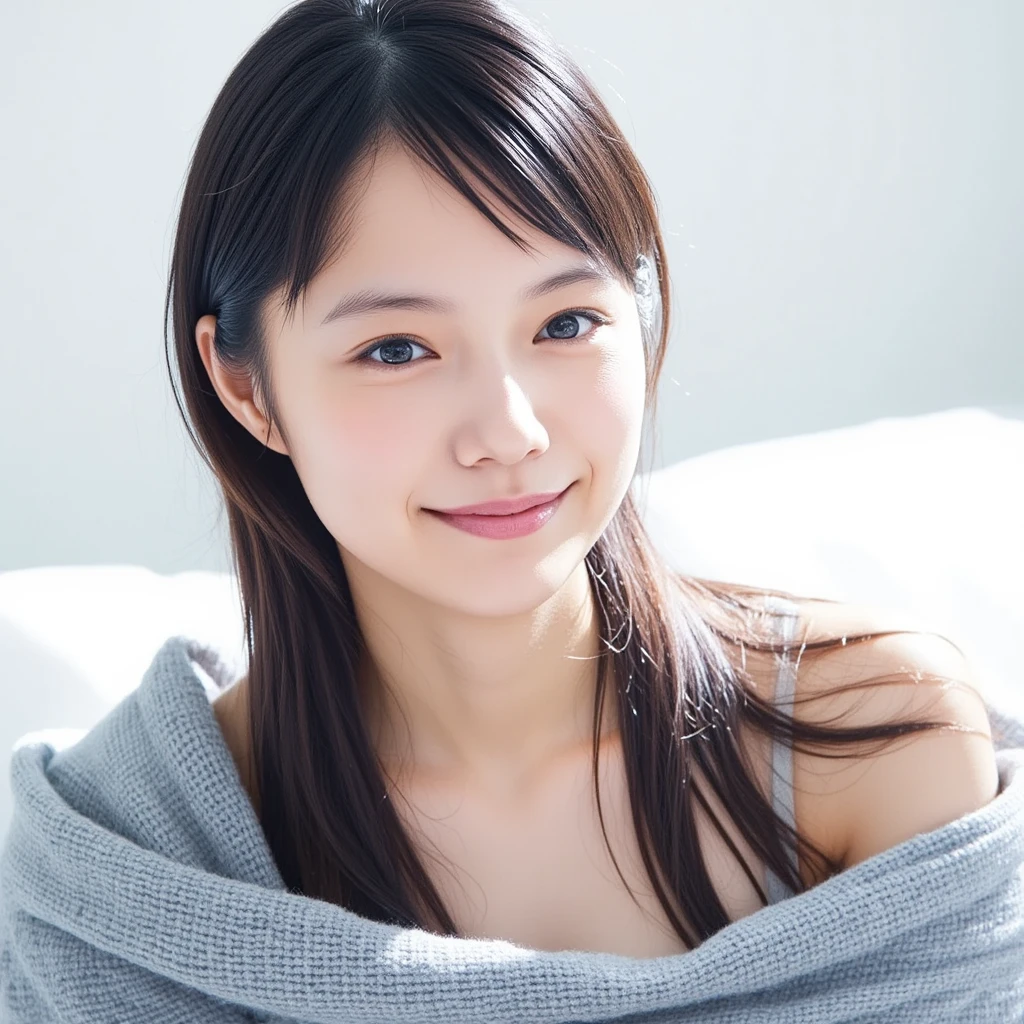 (8K、RAW Photos、Highest quality、masterpiece:1.2)、((Nipples))、(Realistic、Realistic)、1 Girl、((naked、Waking up、After sexual、morning、 Hotel Bedroom、Lying in bed、Short Hair、Bathrobes、Flat Chest、smile))、cute