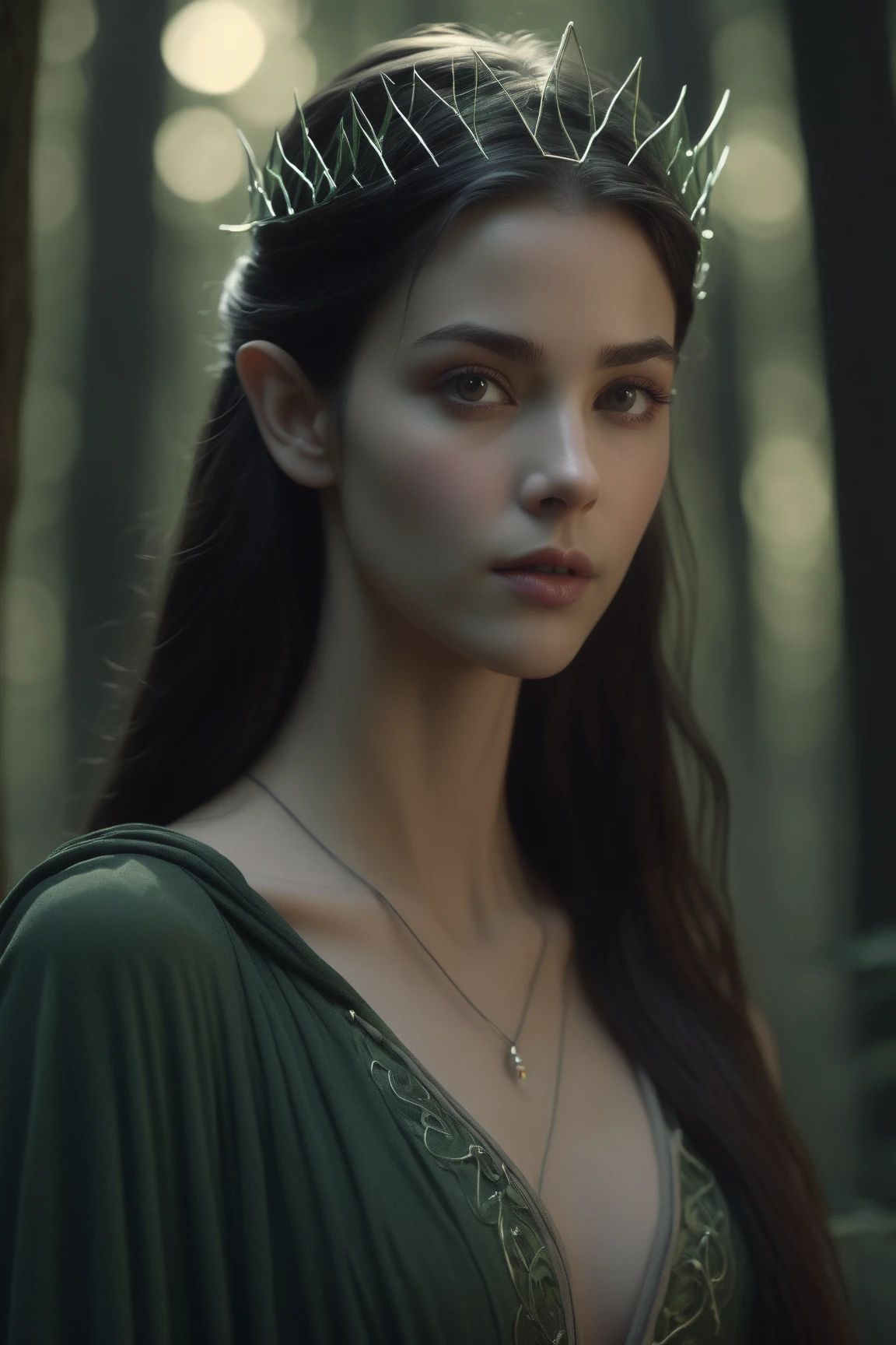 (masterpiece), photorealistic, 18 years old elven woman, cute face, full body, sunset, cinematic, canon lens f1.4, (historical movie picture style), "Lords of The Rings", detailed emerald eyes, weird eyes, intricate platinum hair, perfect anatomy, small breasts, little smile, slightly open mouth, cute sexy, pleasure, nude, (frame the head), Centered image, stone statues on background, classic fantasy style, medieval aesthetic, luminism, faded colours, 8k Resolution, human hands, wonderfull, elegant, approaching perfection, dynamic, highly detailed, facing directly at the viewer, detailed hairstyle
