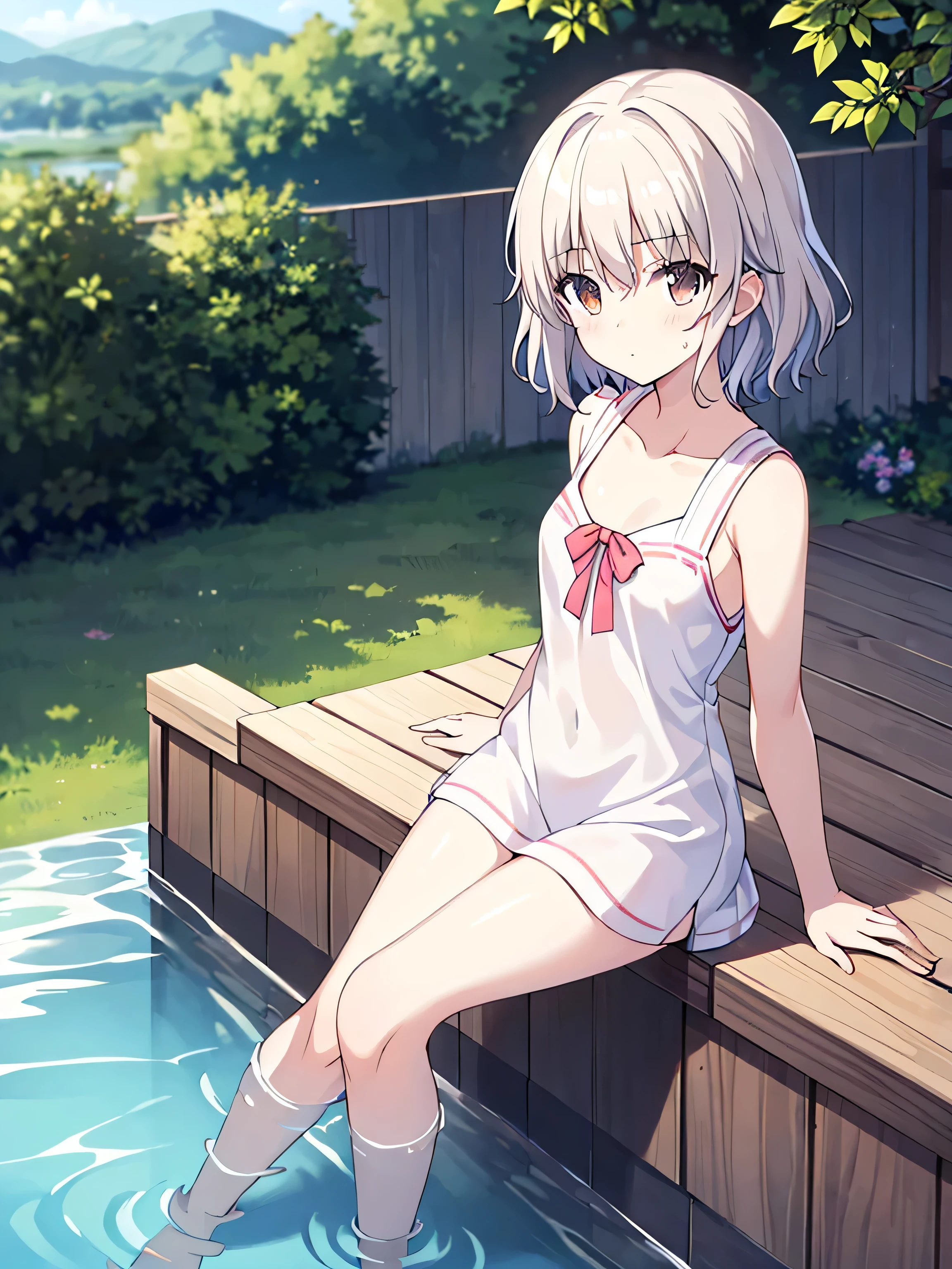 poneyTail、white  hair、red eyes、Beautiful girl alone、The bikini、gravure、sitting on、swimming pools