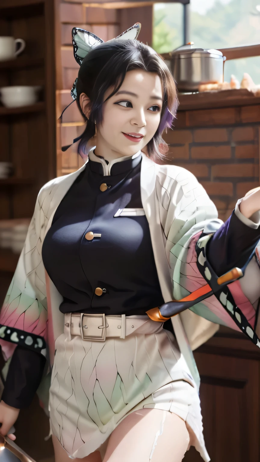 masterpiece, best quality, highres, 1girl, solo, kochou shinobu, butterfly hair ornament, purple eyes, multicolored hair, short hair, parted bangs, haori, wide sleeves, long sleeves, black pants, black jacket, belt, cowboy shot, holding weapon, sword