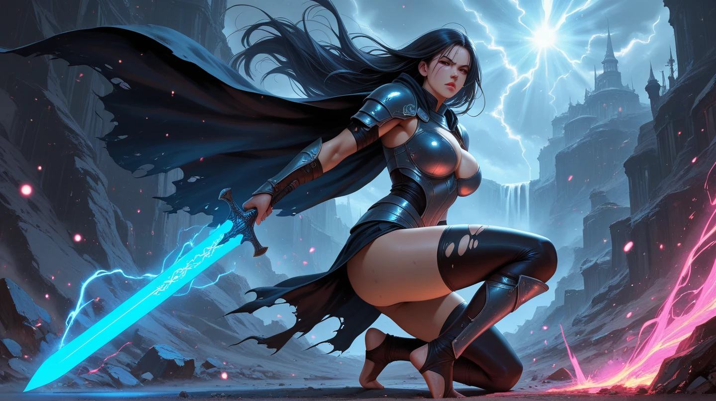 Psylocke, the enchanting sorceress with a big and beautiful face, wields a gleaming sword. Surrounded by a spectacle of swirling colors and radiant energy, her image creates a mesmerizing scene. With a graceful stance, she exudes confidence and power, her eyes gleaming with intelligence and determination. The background is filled with dazzling effects, as if the very fabric of reality is bending to her will, adding to the enigma and allure of this formidable figure.