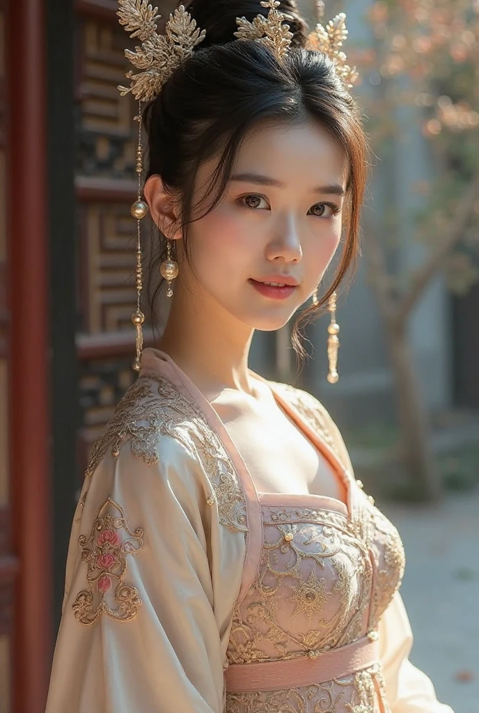{{Masterpiece, Best quality, Extremely detailed CG, Unity 8k wallpaper, Cinematic lighting}}, Traditional Chinese Ink Painting, 1girll, 1baby, Young woman holding baby, full bodyesbian, Ancient architecture, Blue sky, Sunny day, wooden building, Outstanding protagonist, Smile, Big eyes, Beautiful detailed eyes, (Big breasts, cleavage), round ass, Looking at the audience, Long eyelashes,
