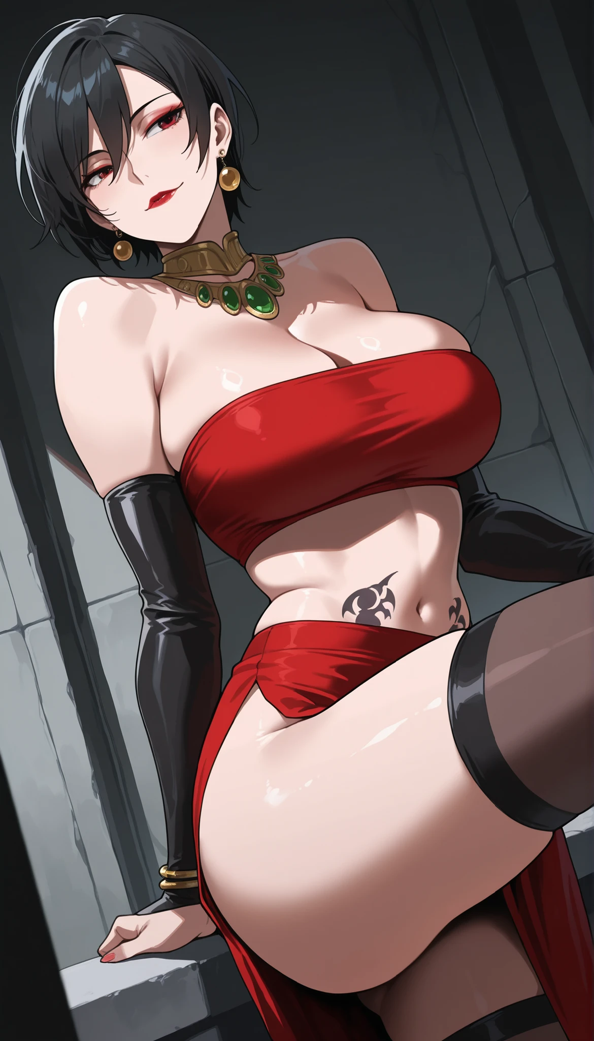 1 girl, Alone, black fur, short hair, Red eyes, frameless glasses. In a red bikini top// Dolphin shorts, close up photography,, detailed art. curved hips, thick thighs,, bare shoulders, scary basement background,, in front of the viewer, hands on the hips, shiny hair, sexy hips. Dark pink painted lips, wet skin, (extremely detailed face), Behind, 8k resolution, Super detailed, high quality,, heart shaped lips.
