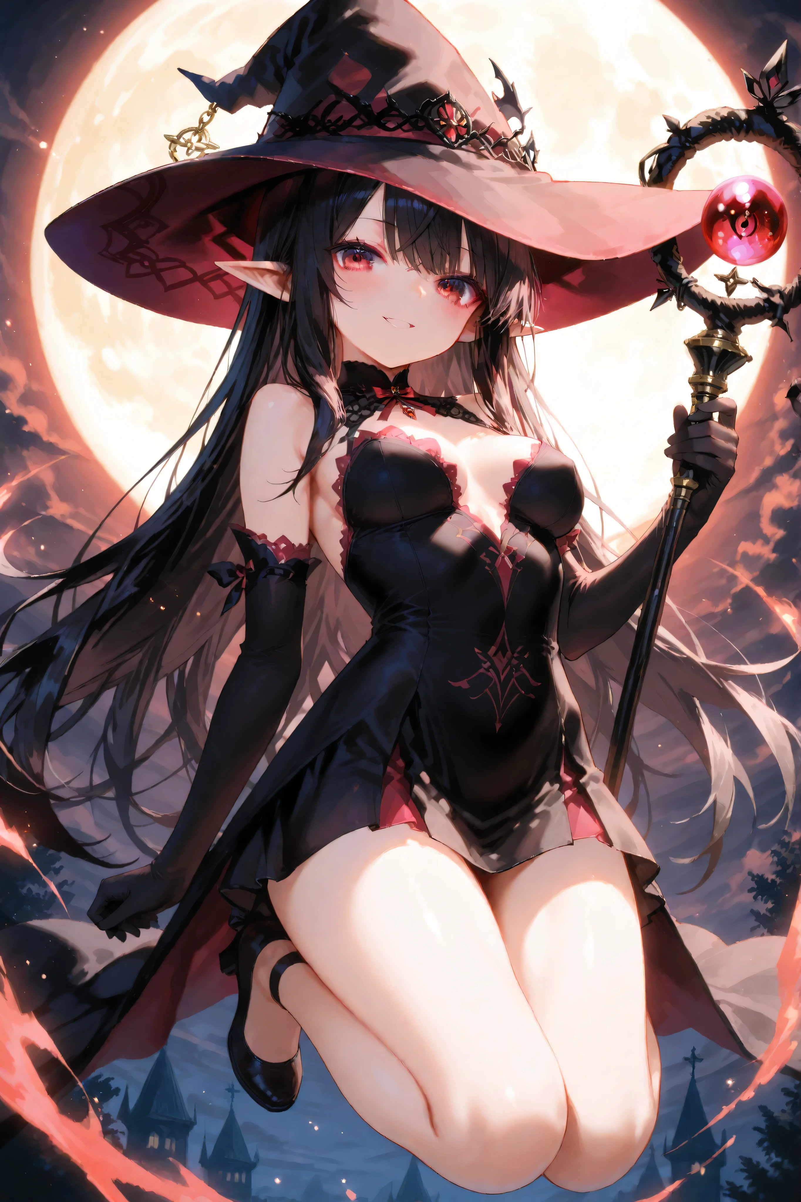 high quality, ultra detailed, best quality, insanely detailed, beautiful, masterpiece, 1girl, solo, illustration, night forest, particle lights, cowboy shot, looking at viewer, red eyes, long hair, bangs, black hair, witch, witch hat, bodycon dress, cat tail, large breasts, cleavage, thighs, closed mouth, smile, blush