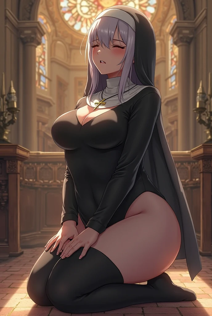 Small transparent underwear, Gigantic,Full body lesbian, Wet crotch, (: 1.2) squashed, high-heels, Thighs open, One leg up, squatt,Buttock fat,lightand shade contrast, back lit lighting, gothic art, 16k, Best quality at best, Anatomically correct, high detal,lewd nun,humongous large breast,(Colossal tits),White panty hose,(Pubic bone),hip is cocked,(nipple chain),leg loops,(leather clothes),(lewd nun)