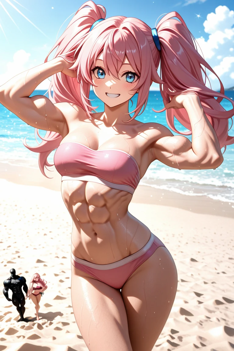 ((female)), (very messy hair), (happy smile), Fangs, ((ripped abs)), toned arms and legs, medium breasts, Excessive sweat, (summer beach scene), bright blue eyes, ( (pink hair)), barefoot, standing, ((full body photo))