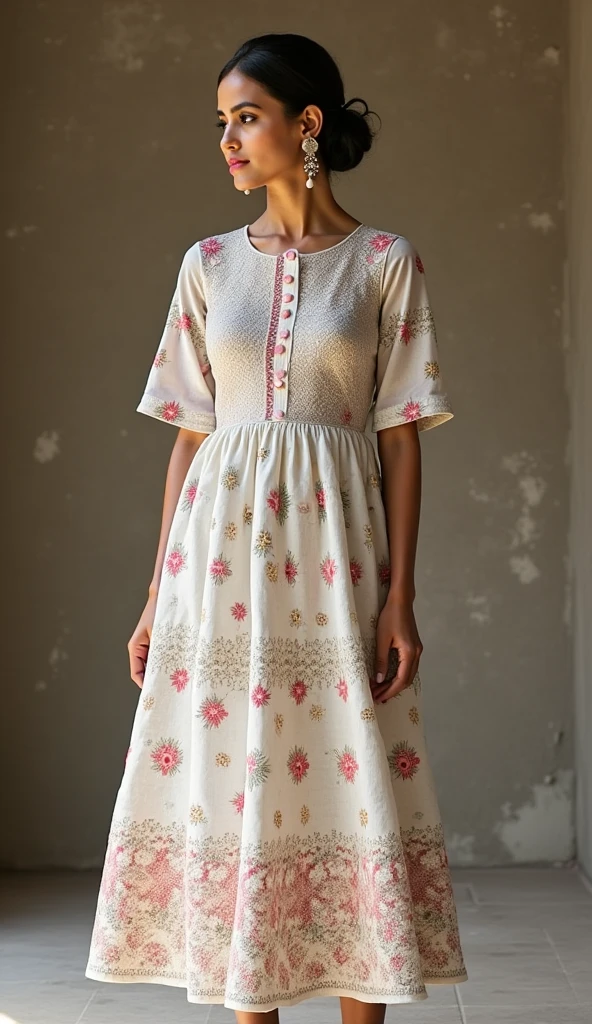 South asian girl wearing a Ancient Greek draped pink linen dress