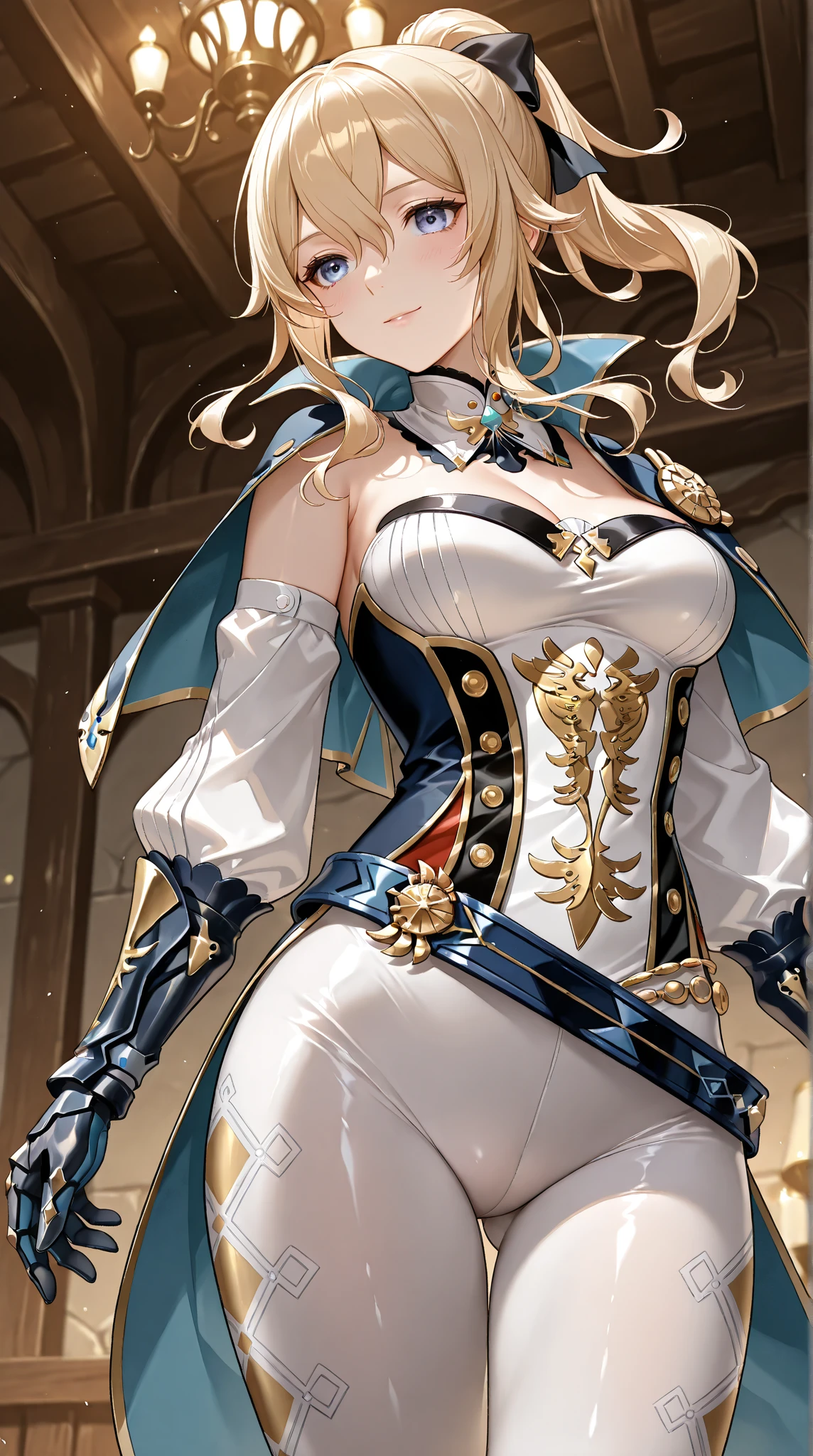 pieces fly, highest quality, anime images, anime style etc.,In a black suit,company employee,hired \(genshin impact\), smile,Laugh with your mouth wide open,1 girl, ticker,I can see the pussy , blush, colorful pastel fantasy,sexy pose,super detailed background,quality scenery,((((men's black suit)))),(((Men's,black tie)))