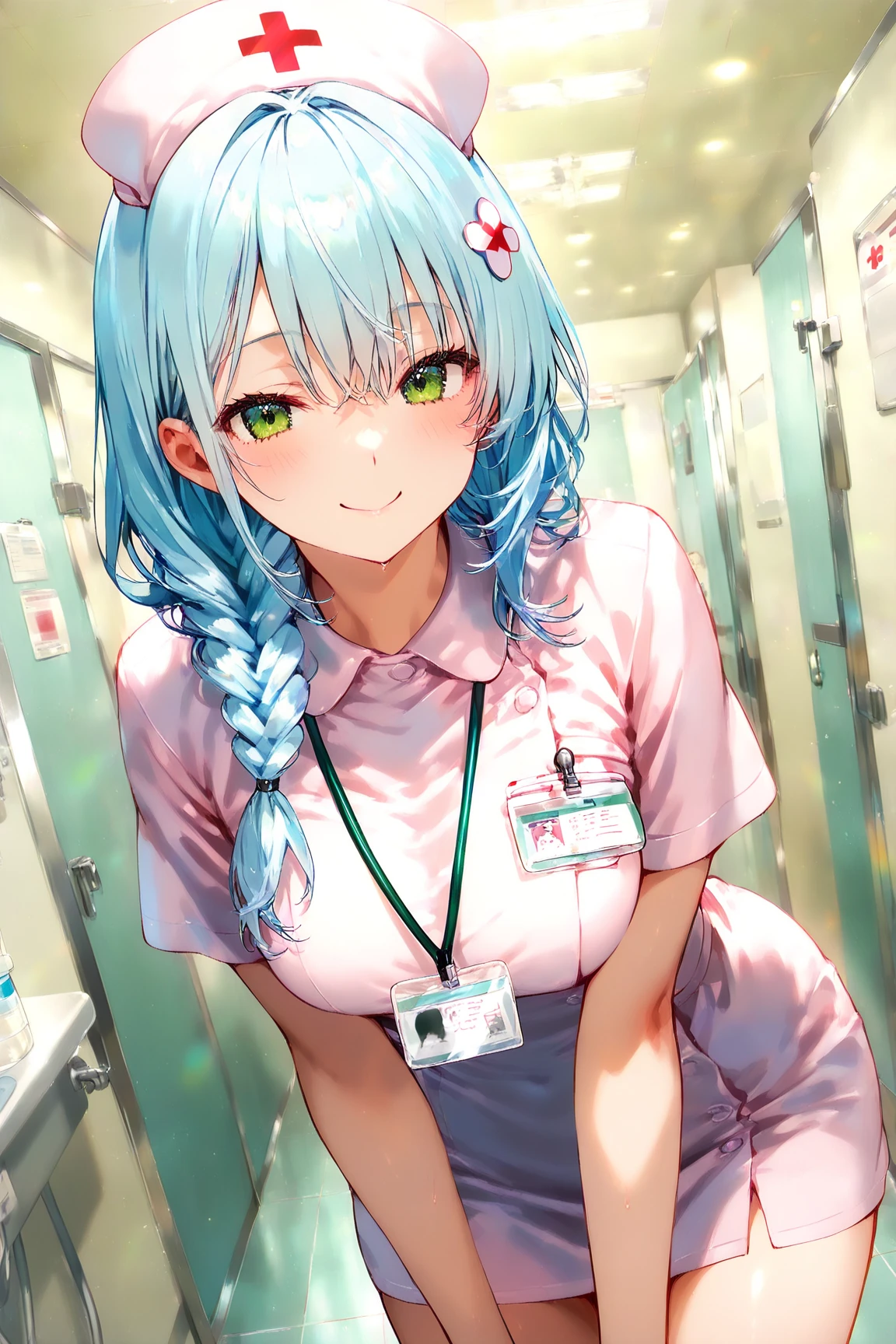 (Masterpiece,Super Detail,in 8K,best composition,moody lighting,photorealsitic,dynamic shot)1.5,view from the front,solo,(Hatsune Miku,light blue twin tail)1.3,(Face is close,beautiful detailed eyes,looking at the camera)1.7,shy,Dirty face,blushing,tits,detailed oily skin,cleavag,(On all fours,spreading legs)1.5,Blouse with exposed chest,pink nurse costume,cute bangles,night,Dimly lit room ,on Hospital bed,secret